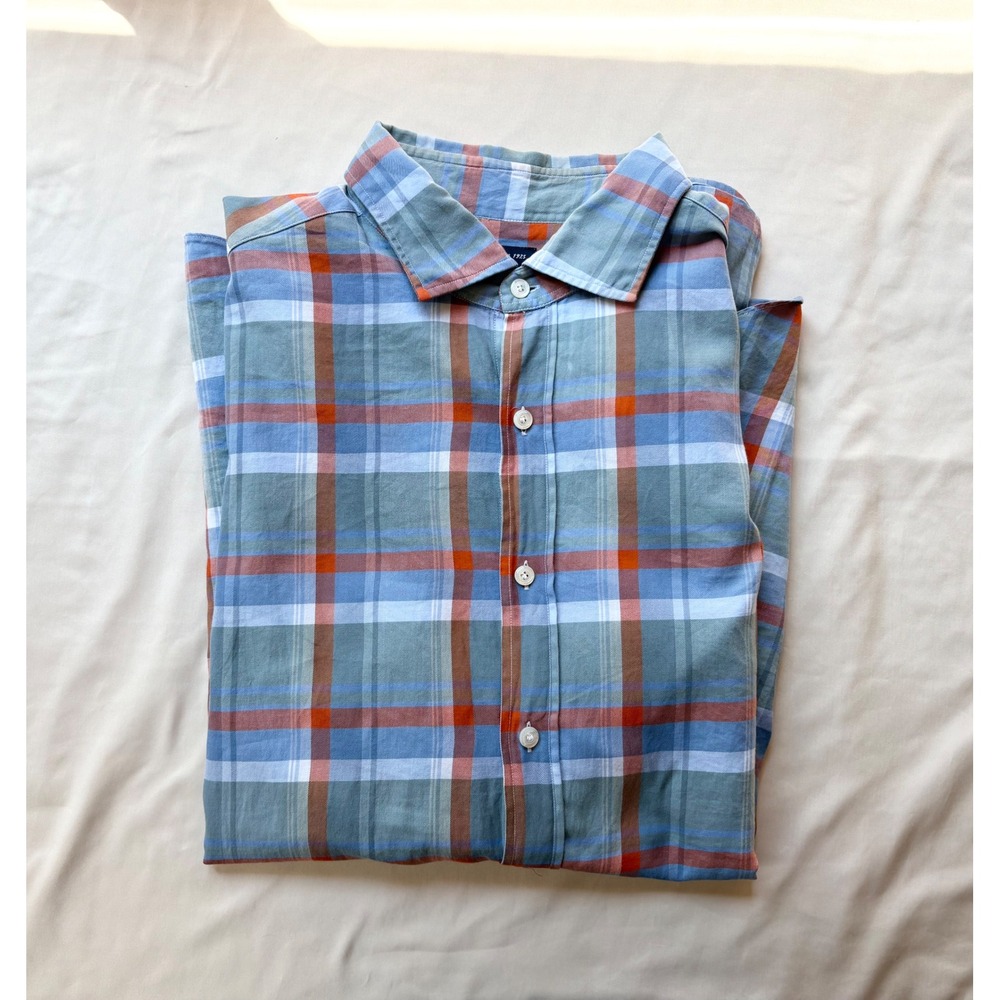 Finamore 1925 Napoli Men Blue Orange Plaid Cotton Shirt Lawrence Covell Italy 44